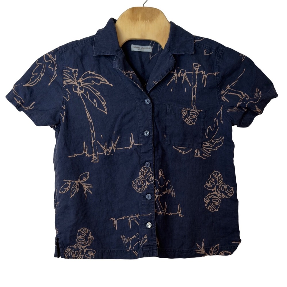 Valerie Stevens Women's Linen Short Sleeve Button Down Shirt Size L Tropical